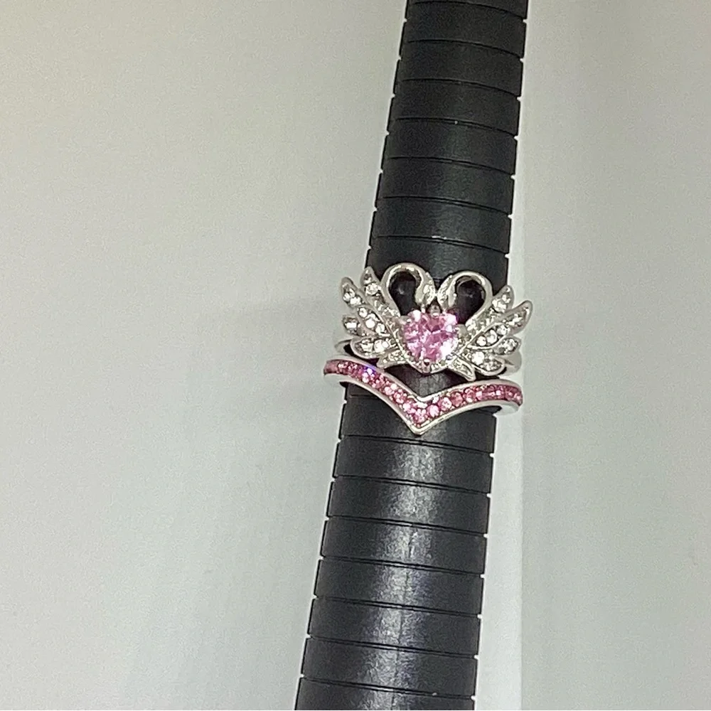 New! Beautiful 2 Piece Swan Engagement Ring Pink Silver Diamond Simulated Size 9